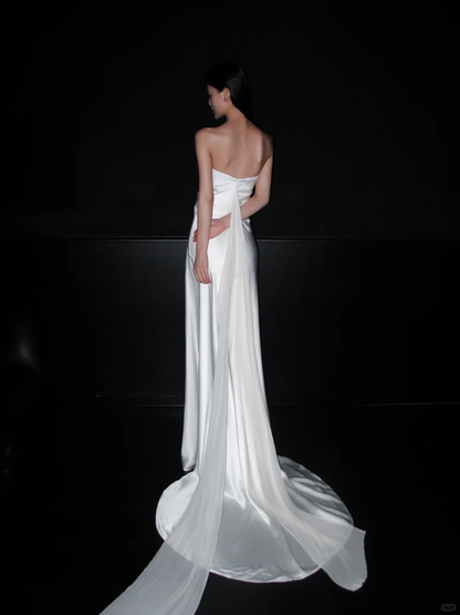 Elegant A Line Strapless White Satin Chiffon Long Wedding Dress DP5799