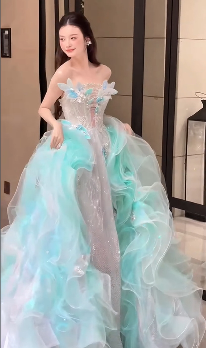 Stunning Blue Ball Gown Strapless Beaded Ruffle Organza Long Prom Dress DP4610