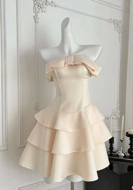 Cute A Line Off the Shoulder Bow Layered Light Champagne Satin Short Homecoming Dress Cocktail Dress DP2543