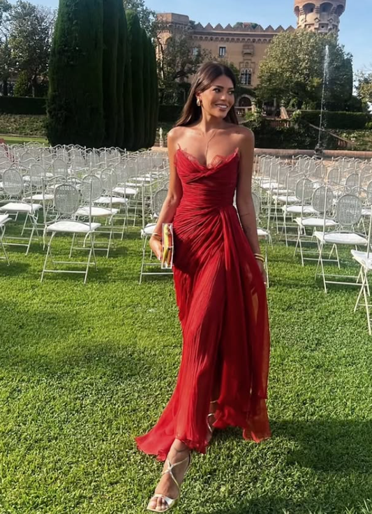 Burgundy A Line Sweetheart Neck Lace Chiffon Prom Dress Wedding Guest Dress DP4042