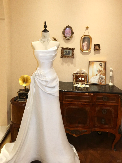 Simple White A Line Strapless Satin Long Prom Dress Wedding Dress DP7034