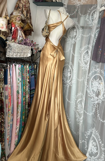 Gold Mermaid V Neck Satin Open Back Prom Dress Evening Dress DP5411