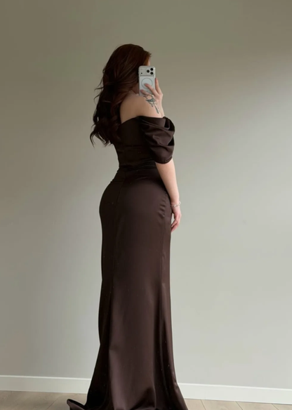 Elegant Brown A Line Off the Shoulder Satin Prom Dress Date Dress DP5090