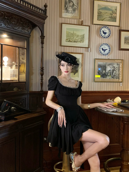 Cute A Line Puff Beaded Black Chiffon Short Homecoming Dress Outfits DP4555