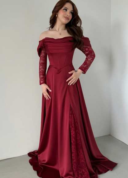 Elegant Burgundy A Line Long Sleeve Lace Satin Prom Dress Evening Dress DP5631