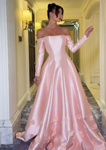 Pink A Line Long Sleeve Floral Satin Long Prom Dress Evening Dress DP4331