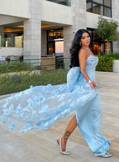 Blue Sheath Strapless Tulle Satin Long Prom Dress Evening Dress with Bow DP1533