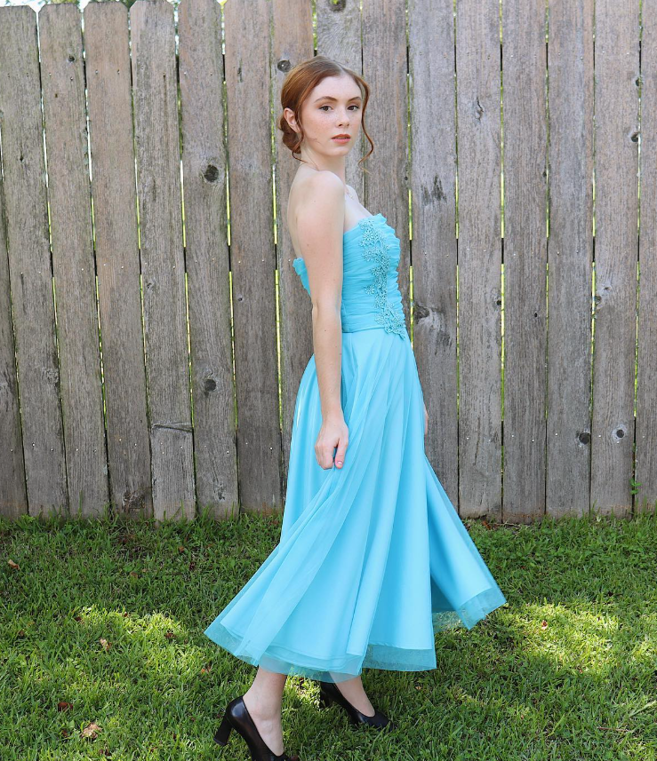 Cute A Line Strapless Appliques Blue Tulle Party Dress Evening Dress DP2278