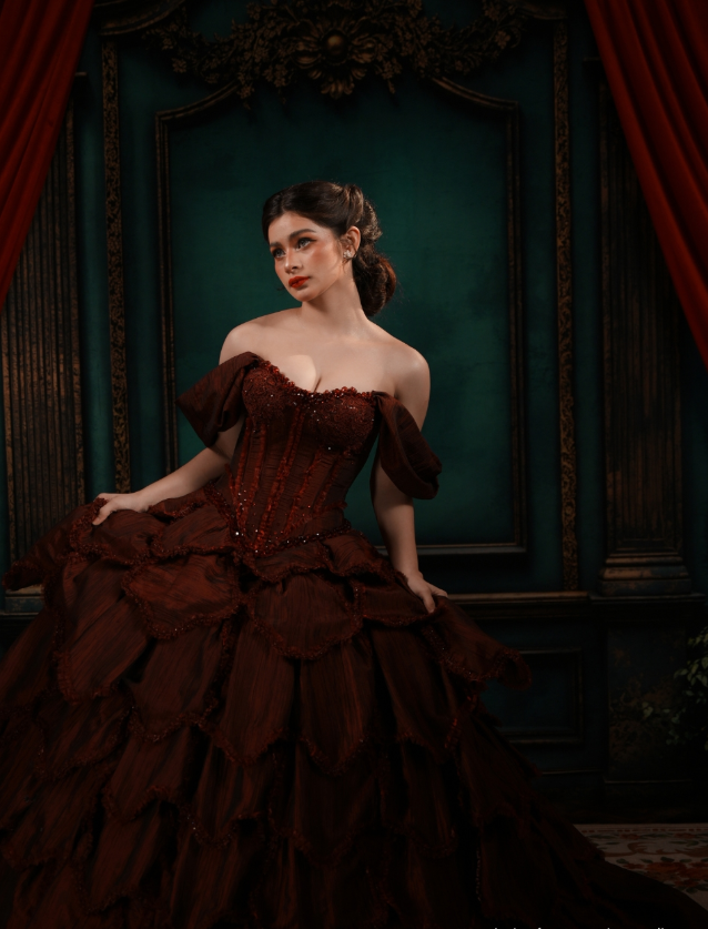 Burgundy Ball Gown Off the Shoulder Layered Beaded Satin 16th Birthday Dress Quinceanera Dress DP4438