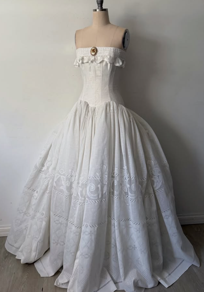 Vintage White A Line Strapless Satin Long Prom Dress Evening Dress DP7881