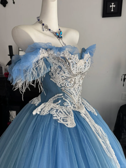 Blue Ball Gown Off the Shoulder Feather Beaded Tulle Prom Dress Quinceanera Dress DP6956