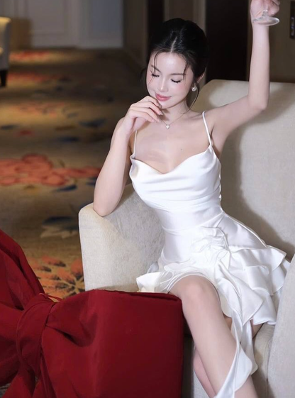 Simple White A Line Spaghetti Straps Satin Short Homecoming Dress DP4399