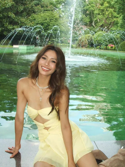 Cute Yellow A Line Sweetheart Neck Organza Short Prom Dress Homecoming Dress DP6408