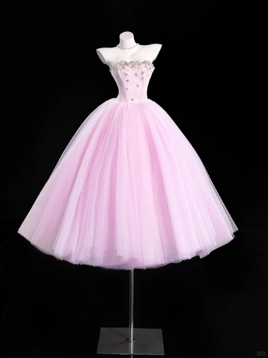 Gentle A Line Strapless Rhinestone Purple Tulle Party Dress Evening Dress DP2708