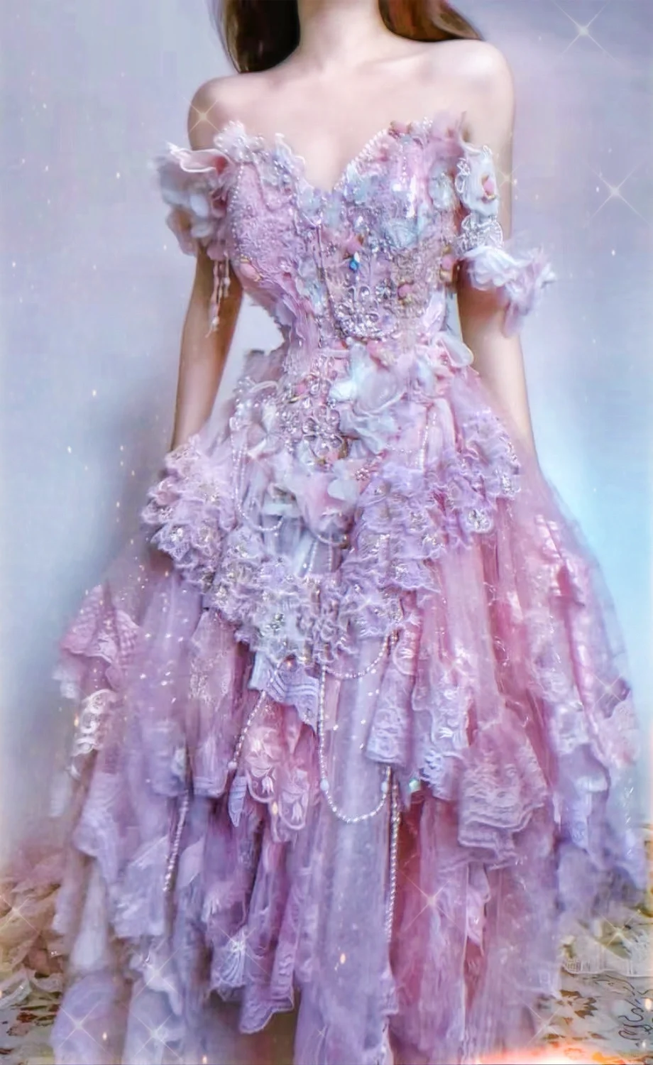 Purple A Line Off the Shoulder Floral Beaded Layered Tulle Prom Dress 16th Birthday Dress DP3769