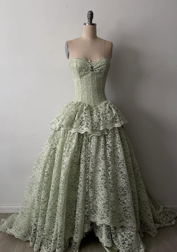 Vintage Light Green A Line Sweetheart Neck Lace Long Prom Dress Evening Dress DP7887