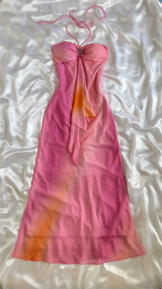 Cute Pink A Line Halter Chiffon Long Prom Dress Evening Dress DP2009