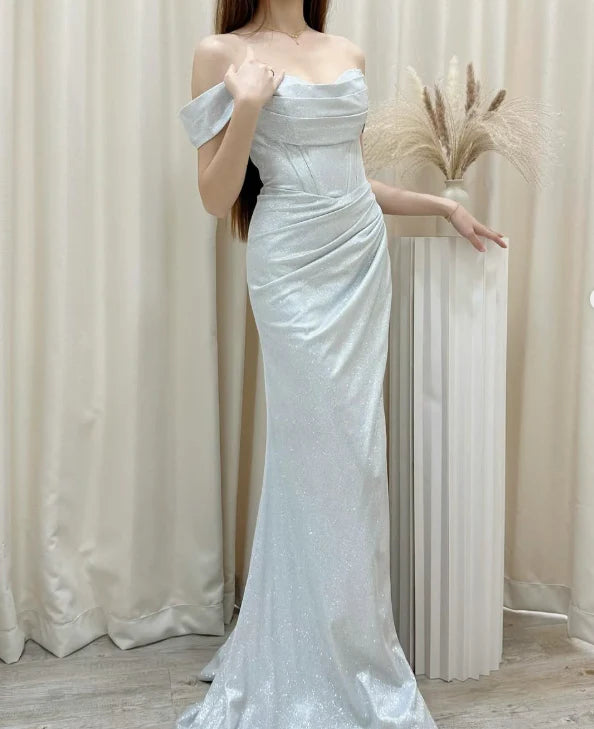 Navy Blue A Line Off the Shoulder Sequin Satin Long Prom Dress Graduation Prom Dress DP5082