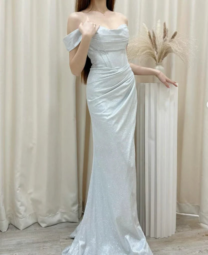 Navy Blue A Line Off the Shoulder Sequin Satin Long Prom Dress Graduation Prom Dress DP5082