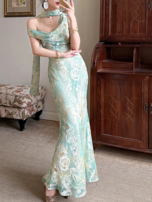 Light Green Mermaid Rose Print Chiffon Long Prom Dress Evening Dress DP5650