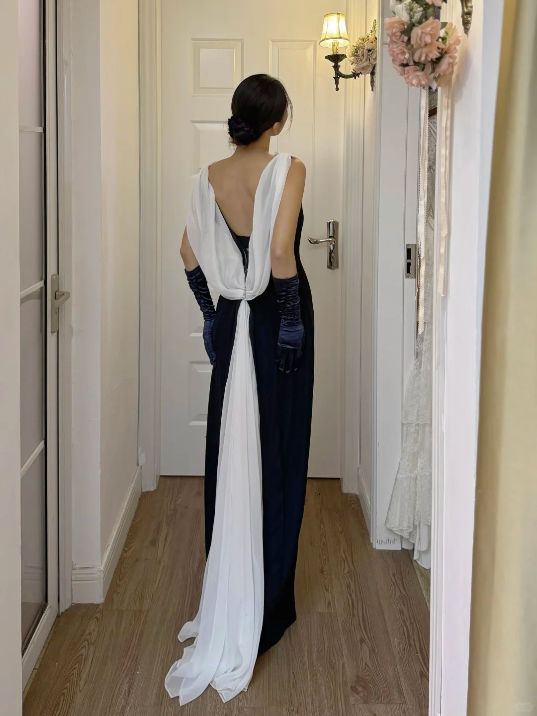 Retro Sheath Backless White Chiffon Black Satin Long Prom Dress Evening Dress DP6799
