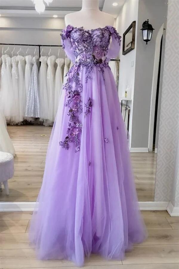 Pink Off The Shoulder Tulle Applique Long Prom Dress Fairy Evening Dress DP098