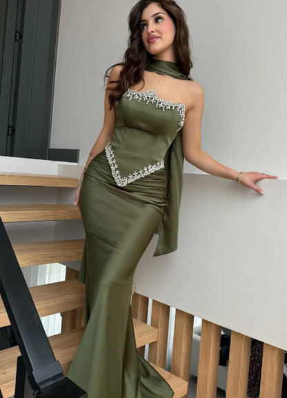 Olive Green Sheath Strapless Exquisite Beaded Satin Prom Dress Evening Dress DP5029
