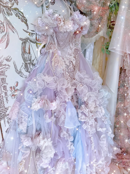 Exquisite Ball Gown Off the Shoulder Purple Floral Ruffle Organza Prom Dress 16th Birthday Dress DP3839