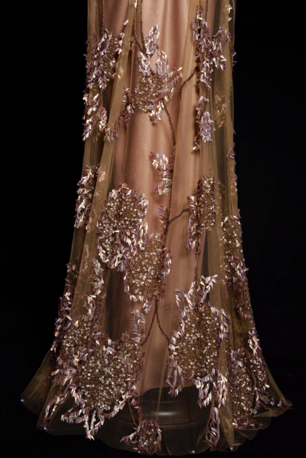 Vintage Brown A Line Straps Beaded Sequin Tulle Satin Long Prom Dress Party Dress DP4468