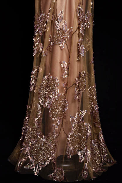 Vintage Brown A Line Straps Beaded Sequin Tulle Satin Long Prom Dress Party Dress DP4468