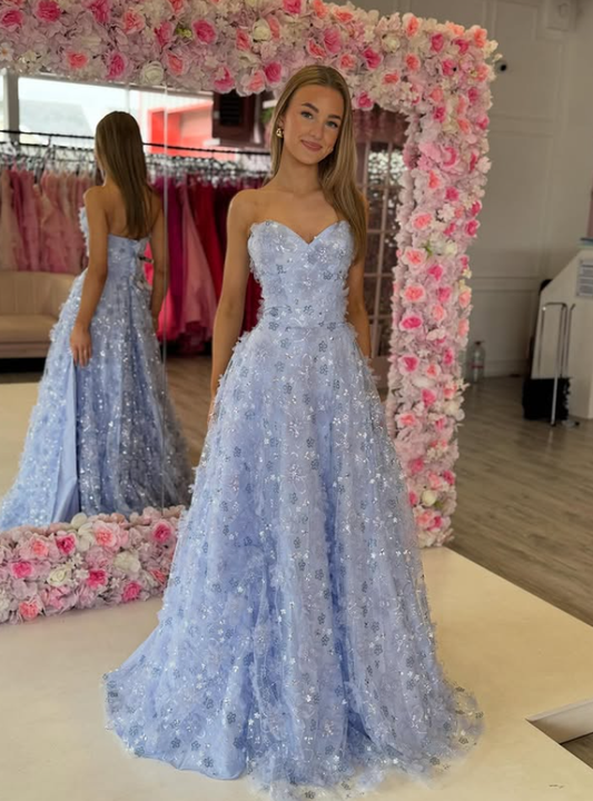 Pretty Blue A Line Sweetheart Neck Applique Sequin Tulle Long Prom Dress Evening Dress DP6335