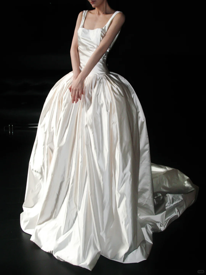 High-class Elegant A Line Silky Satin Backless Long Sweep Wedding Dress DP5206