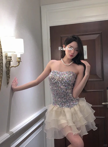 Shiny A Line Strapless Sequin Layered Organza Short Homecoming Dress Outfits DP6394