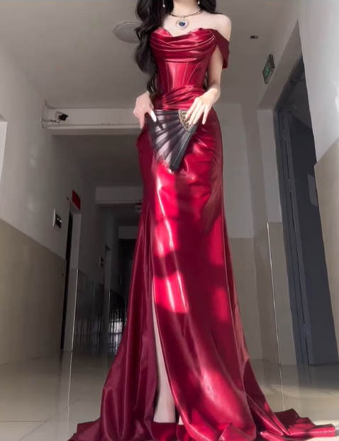 Elegant Burgundy Mermaid Off the Shoulder Satin Slit Prom Dress Graduation Ball Gown DP4561
