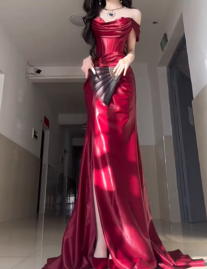 Elegant Burgundy Mermaid Off the Shoulder Satin Slit Prom Dress Graduation Ball Gown DP4561
