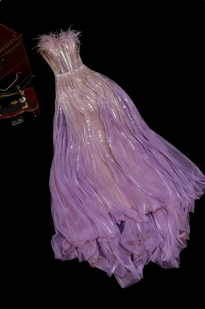 Pink A Line Strapless Sequin Feather Tulle Long Prom Dress Evening Dress DP2062