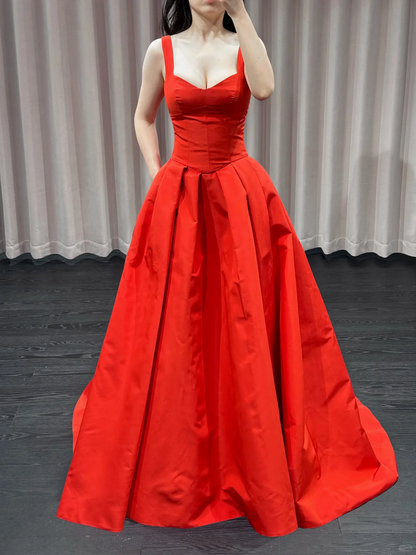 Charming Red A Line Straps Satin Long Prom Dress Evening Dress DP4773