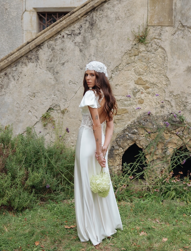 White Cute Mermaid Puff Lace Satin Long Wedding Dress Prom Dress DP4305