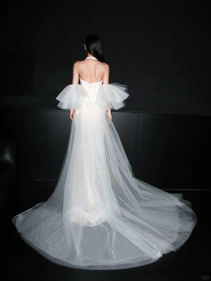 Pretty Mermaid Halter White Exquisite Beaded Lace Backless Long Wedding Dress DP8091