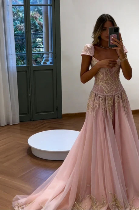 Baby Blue A Line Exquisite Beaded Tulle Prom Dress Wedding Guest Dress DP5741
