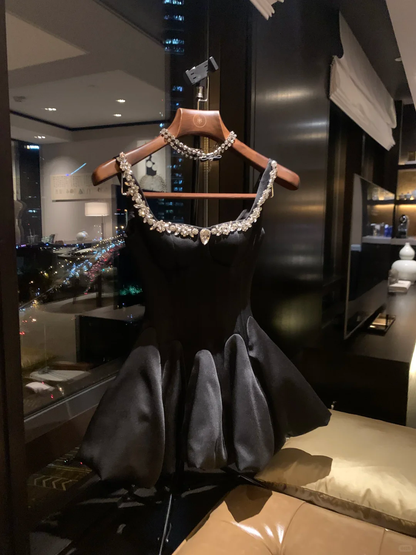 Black A Line Strap Rhinestone Satin Short Prom Dress Homecoming Dress DP5461