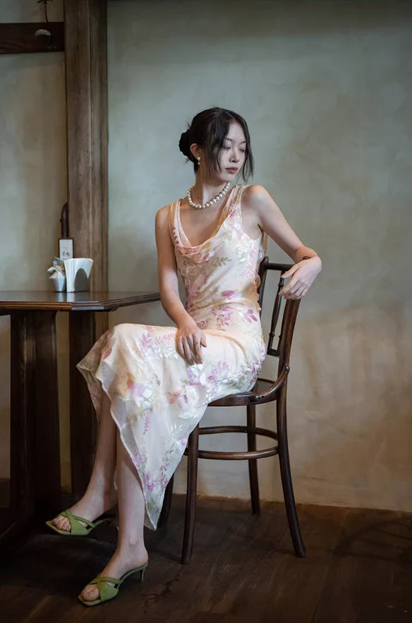 Gentle Retro Mermaid Straps Print Floral Purple Satin Prom Dress Formal Dress DP3511