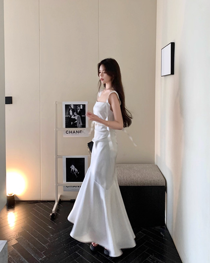 Elegant White Mermaid Straps Satin Prom Dress Formal Dress Evening Dress DP3451