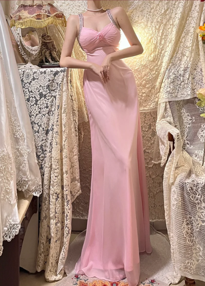 Gentle A Line Spaghetti Strap Beaded Pink Chiffon Long Prom Dress Wedding Guest Dress DP4275