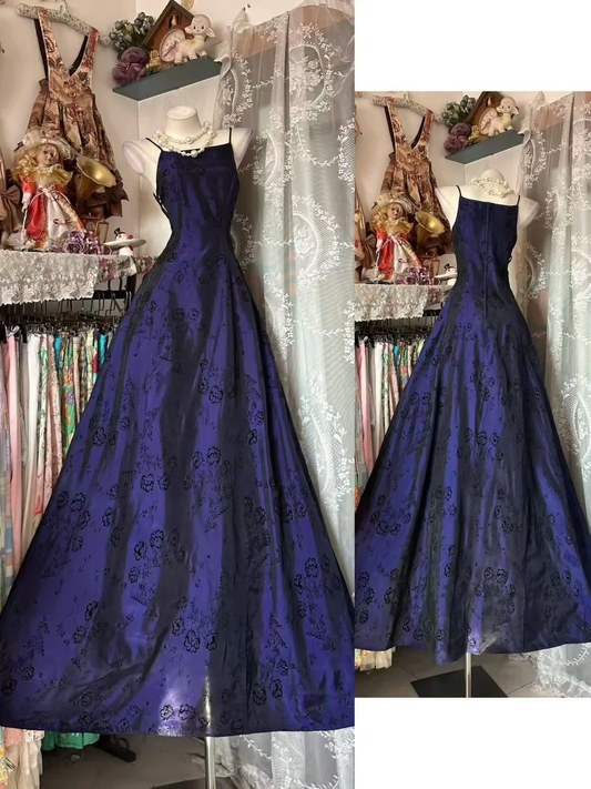 Vintage Purple A Line Spaghetti Straps Print Floral Satin Prom Dress Evening Party Dress DP5625