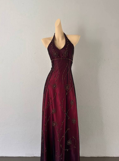 Vintage A Line Halter Beaded Burgundy Satin Black Tulle Prom Dress DP4828