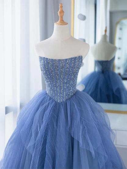 Blue Tulle Sequins Long Prom Dress Strapless Ball Gown DP222