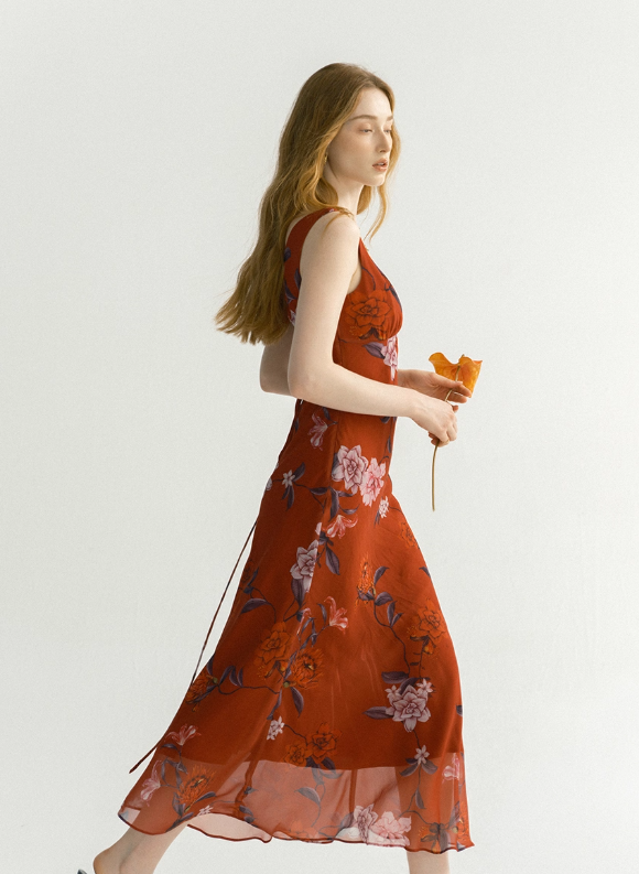 Vintage A Line V NecK Print Floral Red Chiffon Prom Dress Vacation Dress Outfits DP3654