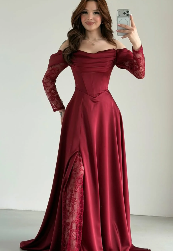 Elegant Burgundy A Line Long Sleeve Lace Satin Prom Dress Evening Dress DP5631