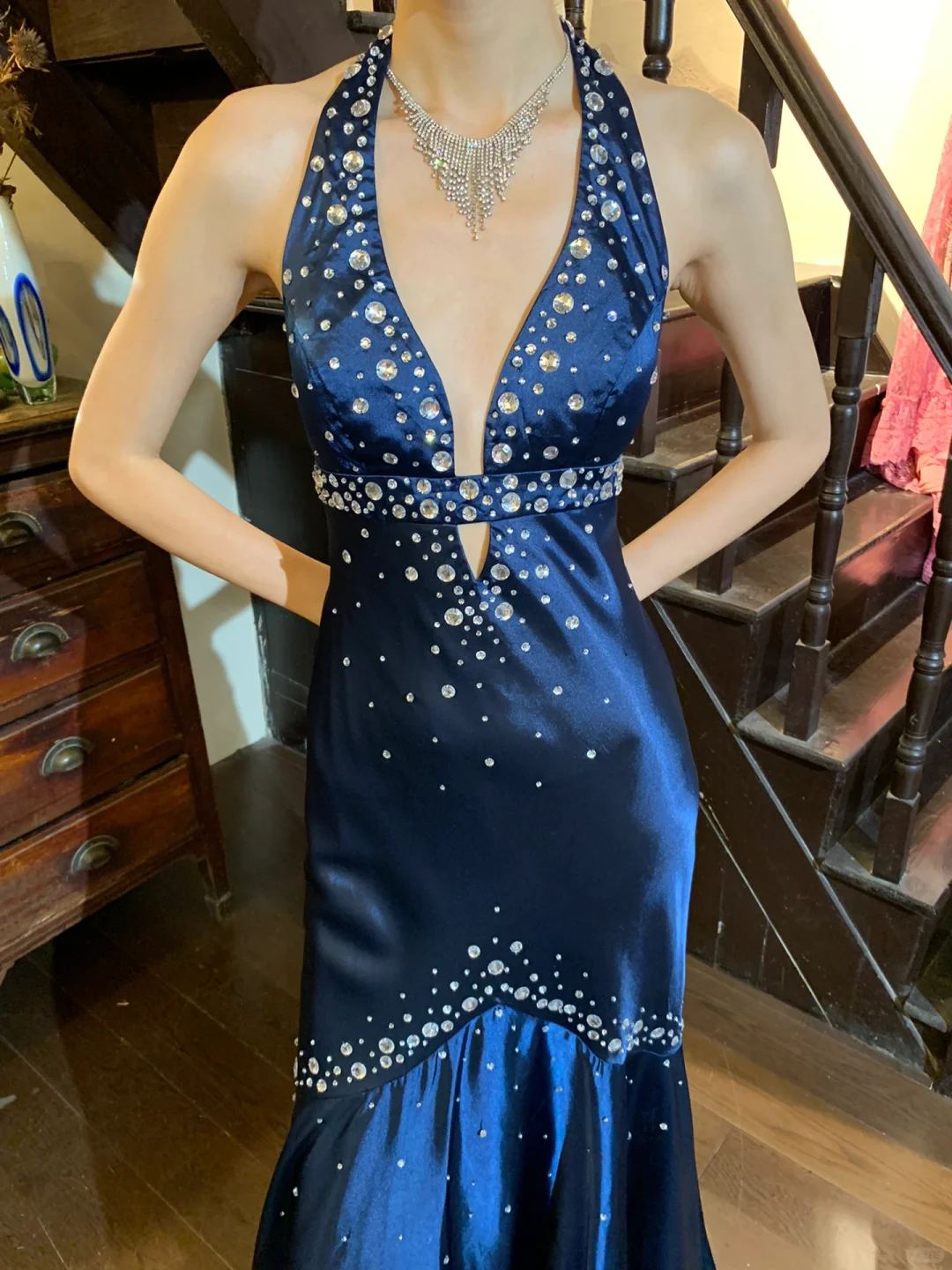 Vintage Mermaid Halter Rhinestone Blue Satin Open Back Long Sweep Party Dress Evening Dress DP2431